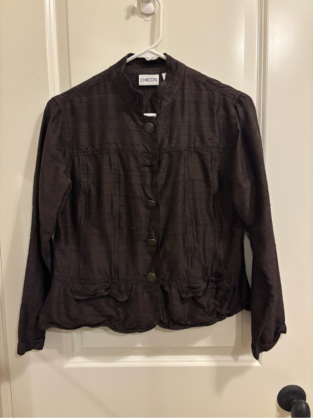 Chico’s Women’s Size 0 100% Silk Brown Textured Button Front Jacket Blazer